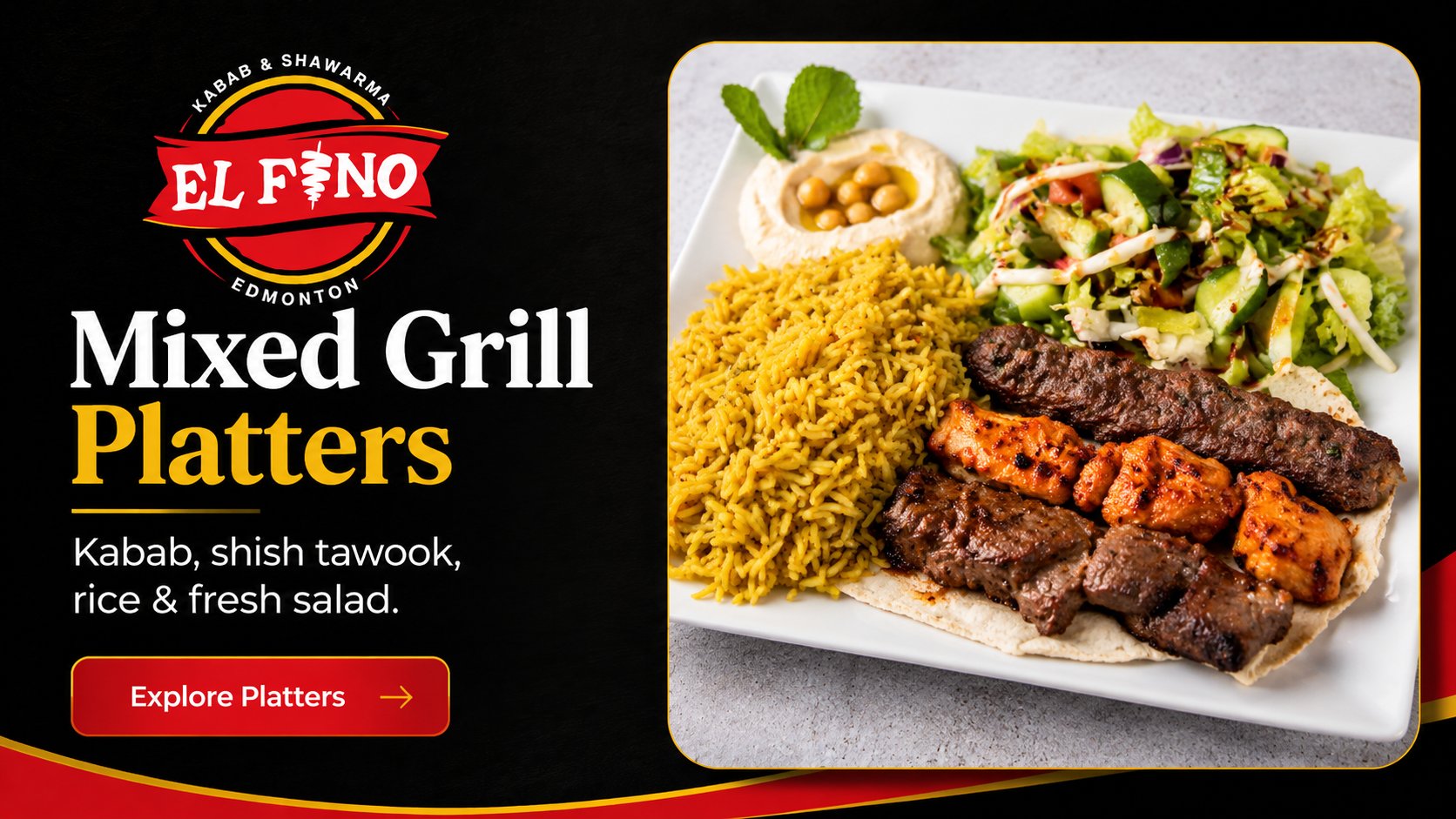 Mixed Grill Platters — kabab, shish tawook, rice & fresh salad