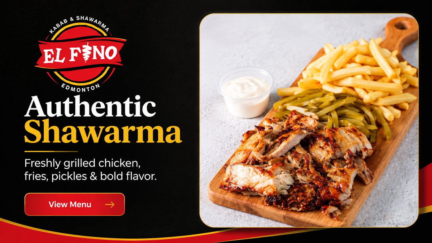 Authentic Shawarma — freshly grilled chicken, fries, pickles